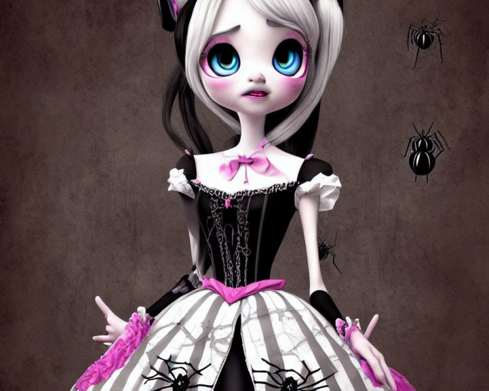 Illustration of gothic girl in black and white dress with pink accents and spider motifs