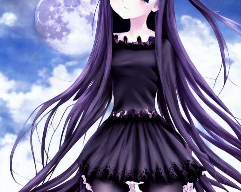 Purple-haired anime girl in dark dress under moonlit sky