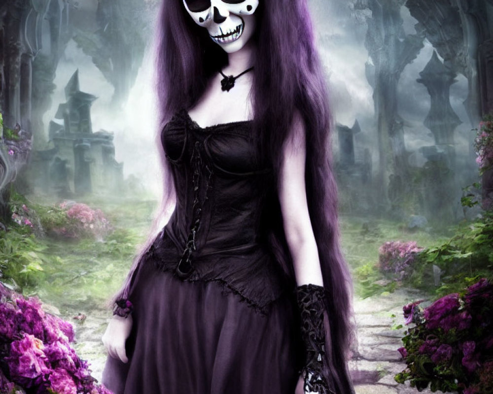 Purple-haired person in gothic attire on misty, flower-lined path