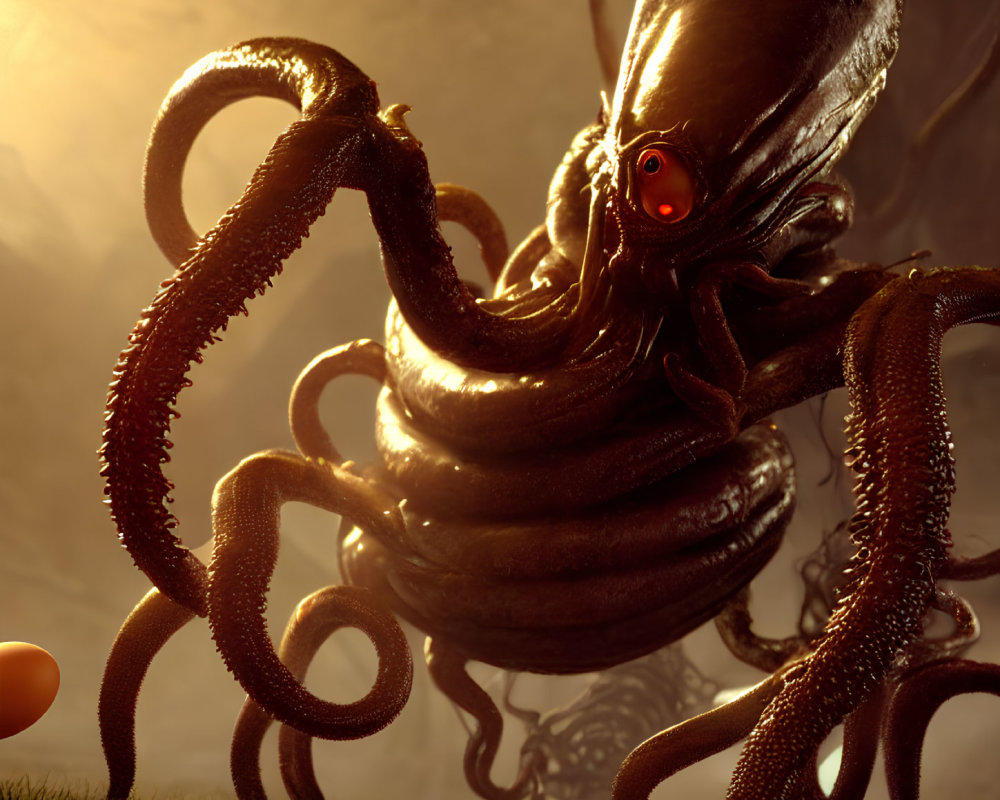 Sinister octopus creature with red eyes and long tentacles in eerie setting