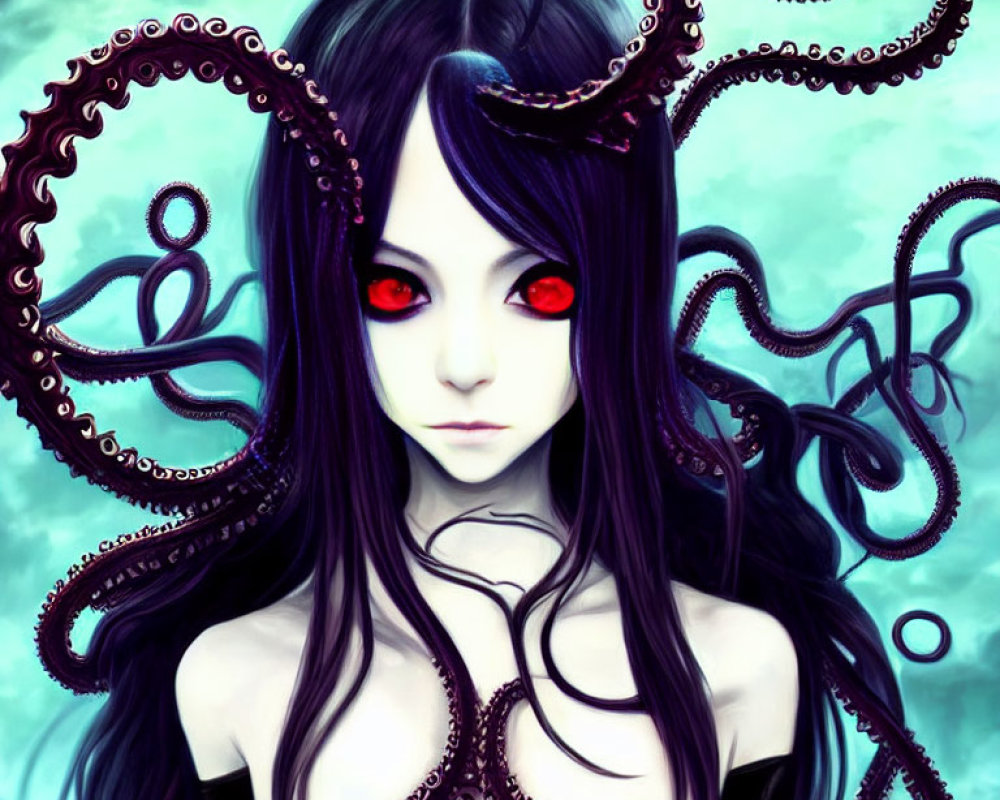 Digital Artwork: Girl with Octopus Tentacles Hair, Red Eyes, Pale Blue Background