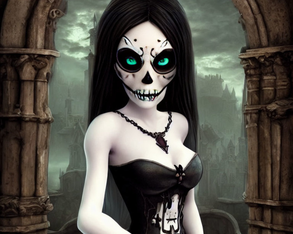 Illustrated female character with skull makeup and green eyes in corset by gothic archway