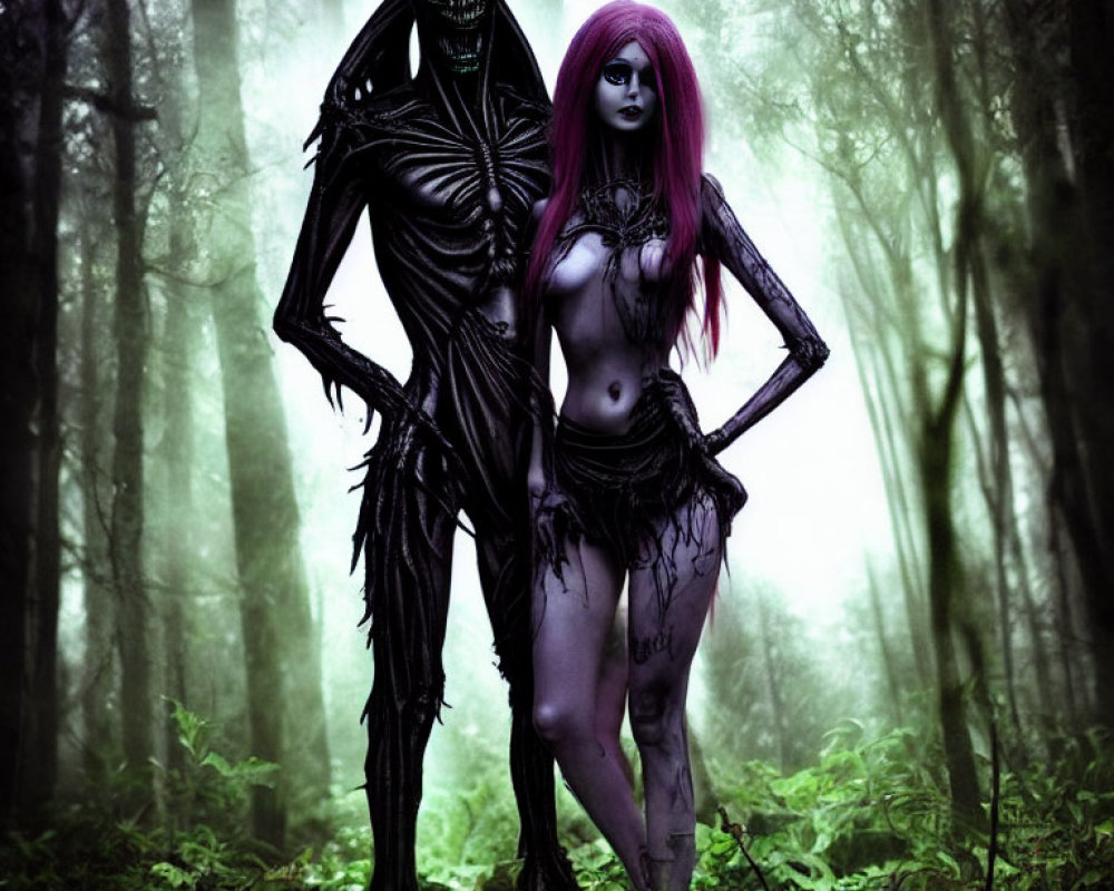 Alien creature with exposed skeletal structure in misty forest with humanoid figure.