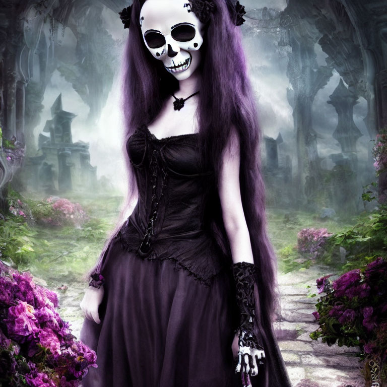 Purple-haired person in gothic attire on misty, flower-lined path