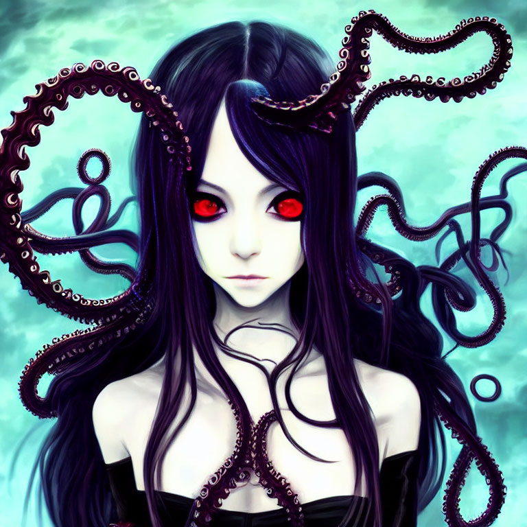 Digital Artwork: Girl with Octopus Tentacles Hair, Red Eyes, Pale Blue Background