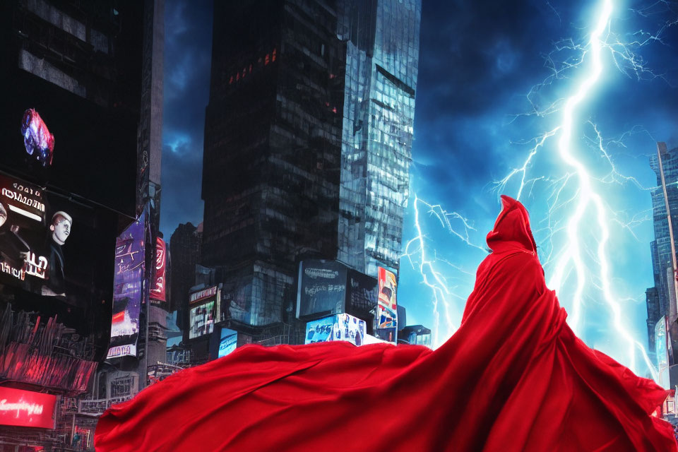 Person in Red Cloak in Times Square with Lightning Strike at Night