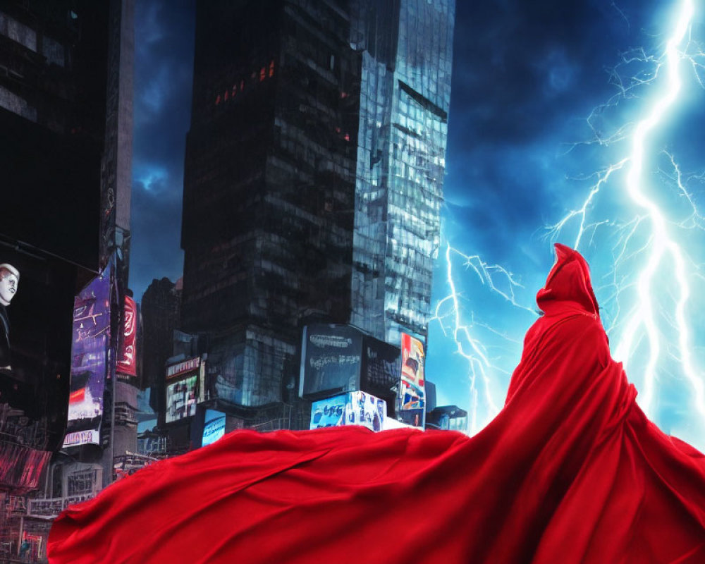 Person in Red Cloak in Times Square with Lightning Strike at Night