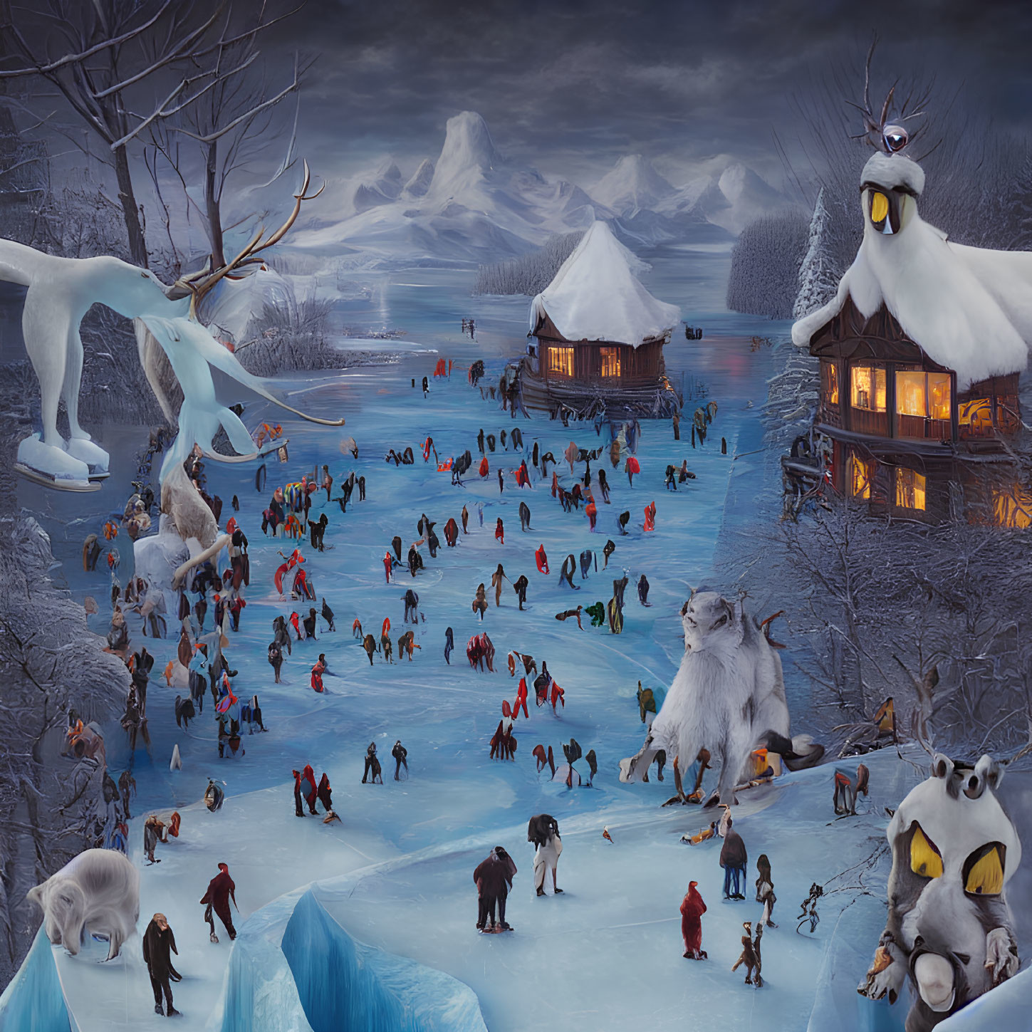 Winter ice skating scene with mythical creatures and cozy lit houses.