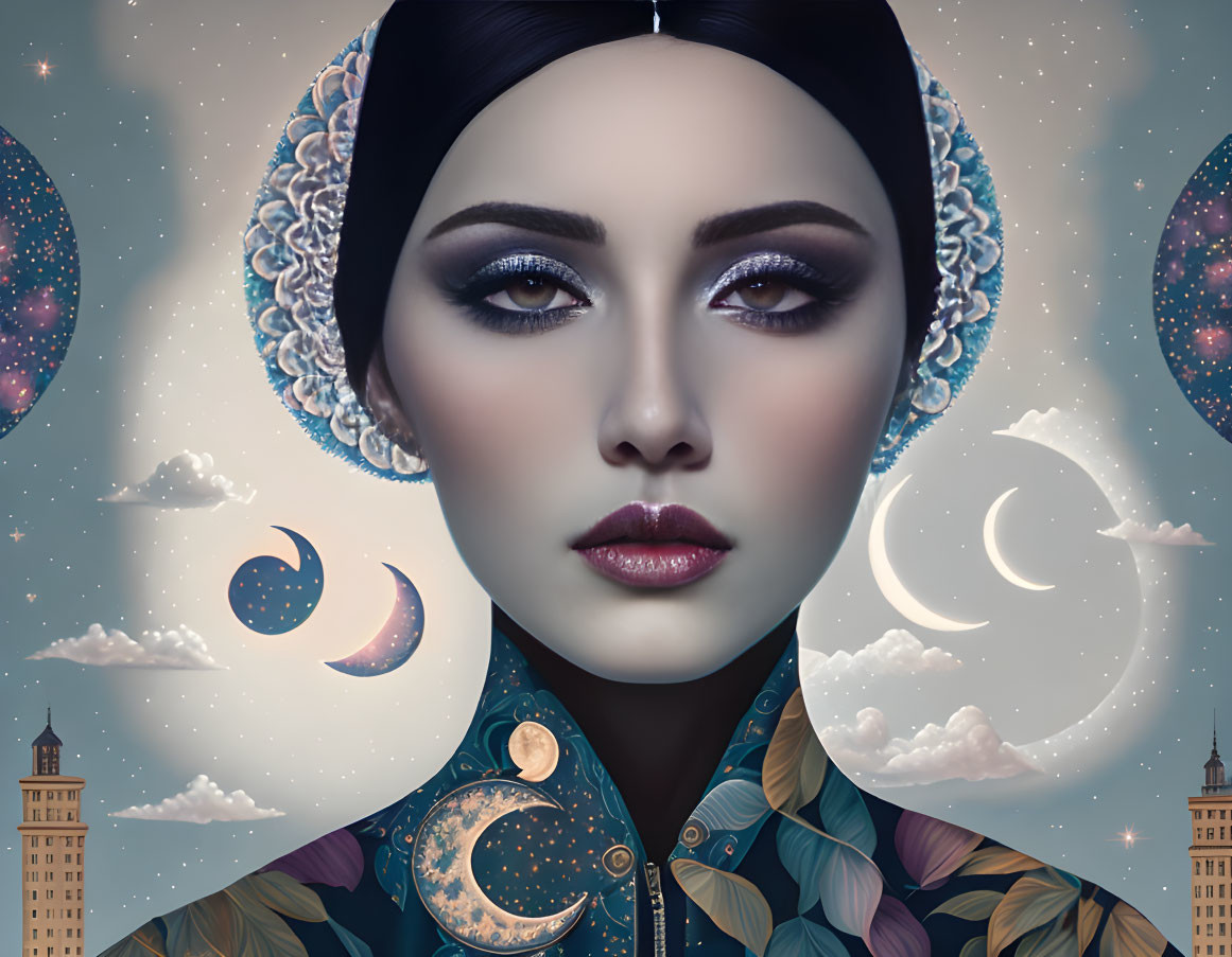 Surreal portrait of woman with cosmic-themed attire