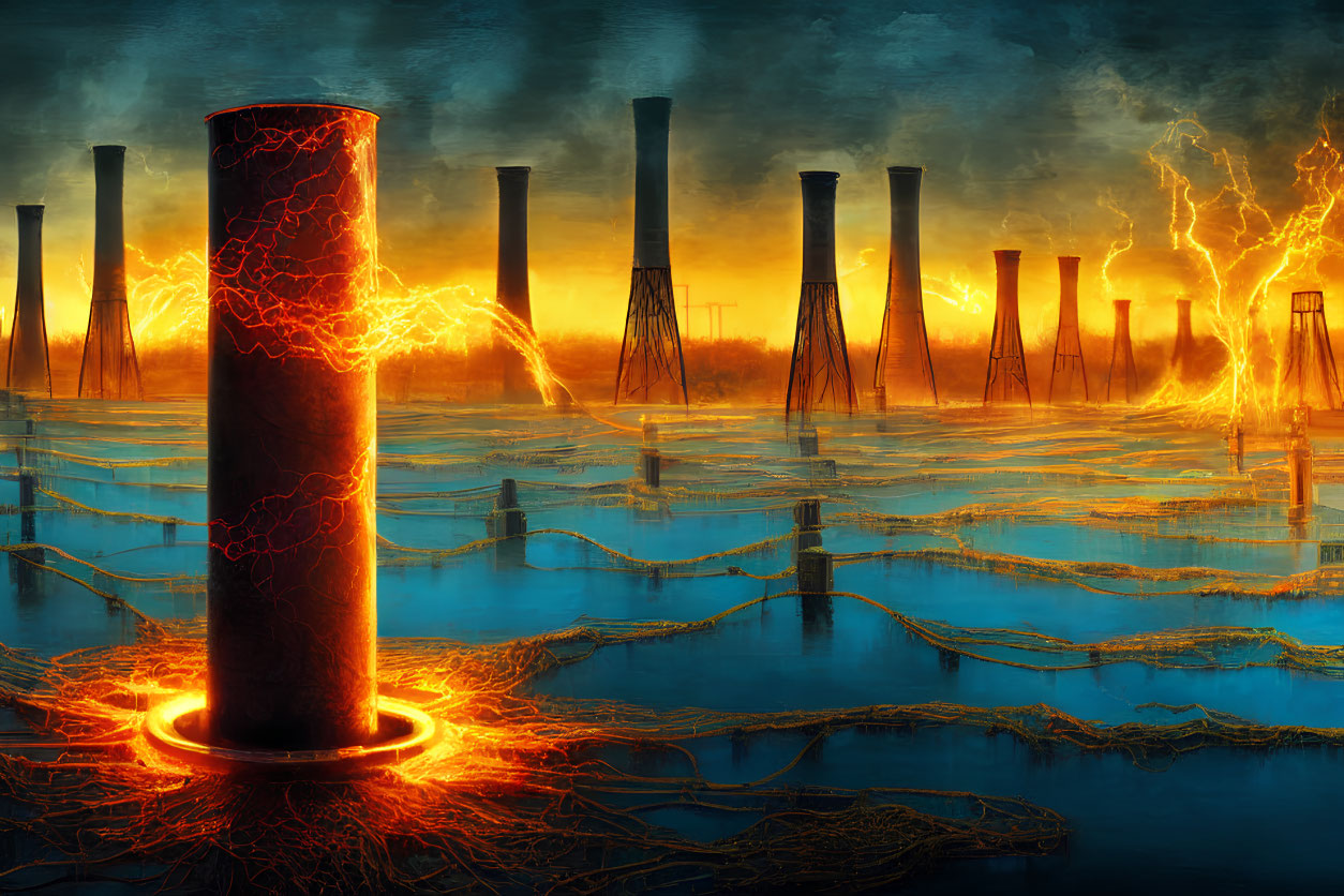 Dystopian landscape with fiery cracks and submerged industrial pillars