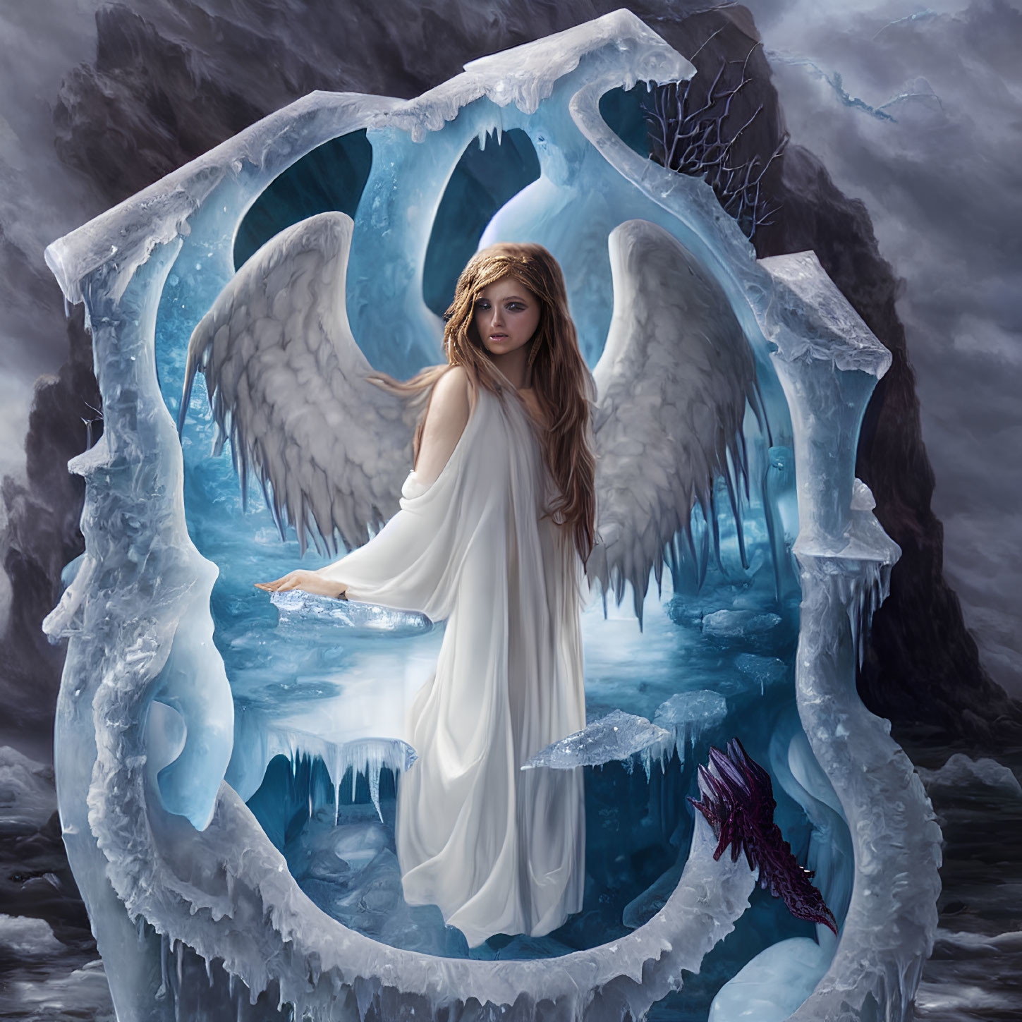 Winged figure in white gown in icy cavern with spread wings and solemn expression