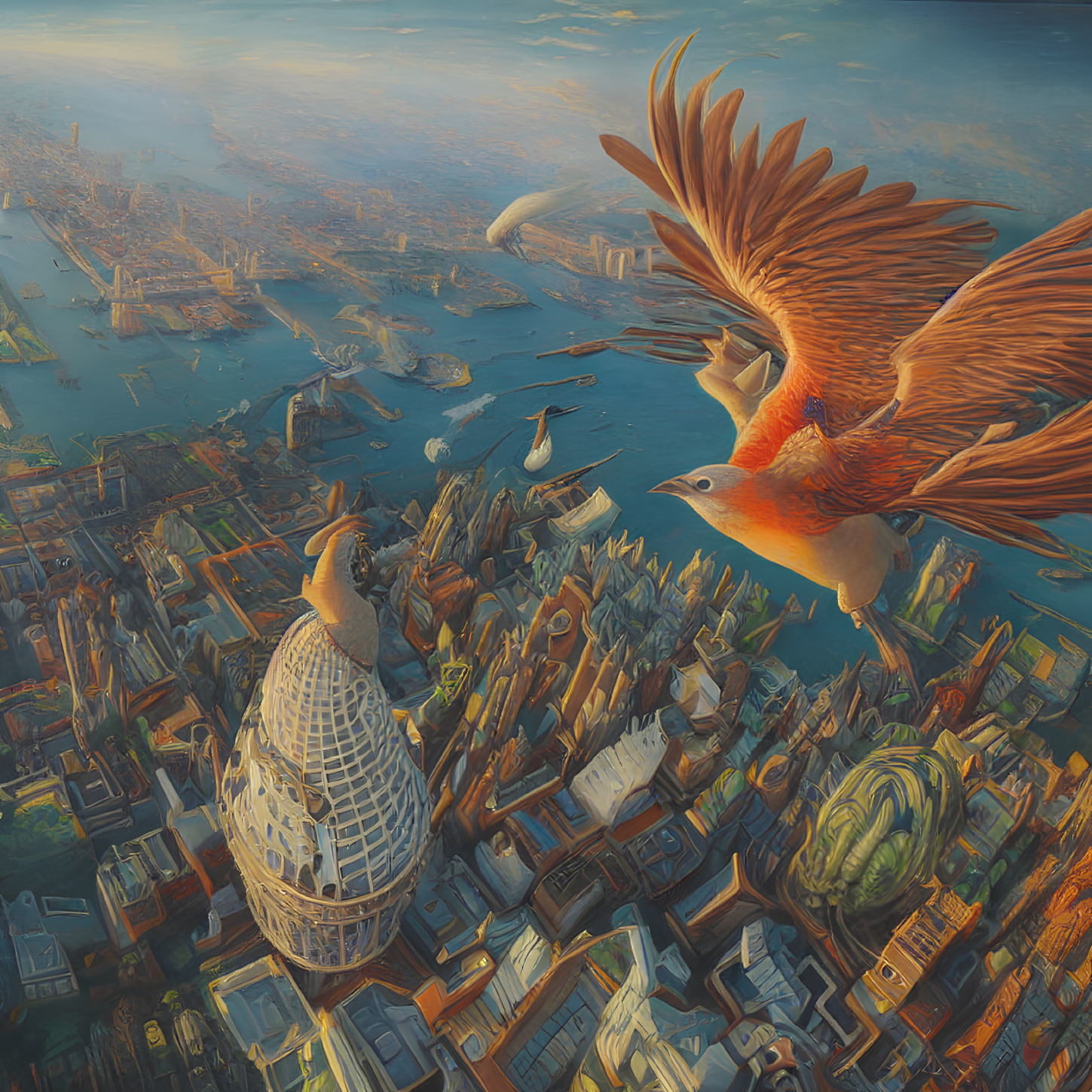 Vibrant orange bird flying over detailed cityscape at sunset