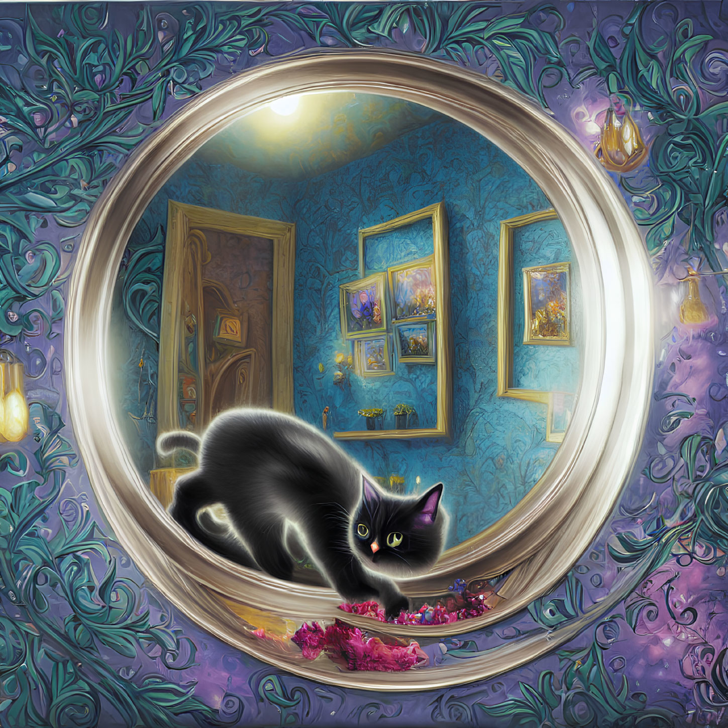 Black Cat with Yellow Eyes Surrounded by Pink Petals in Whimsical Room