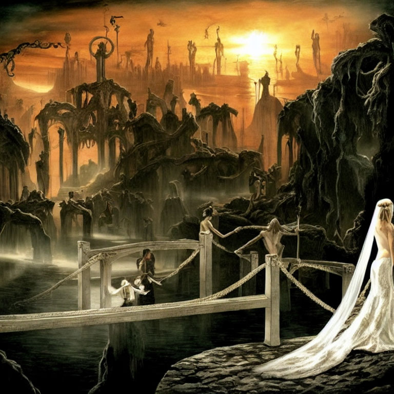 Fantastical dark landscape with bridge, silhouetted figures, and figure in white dress.