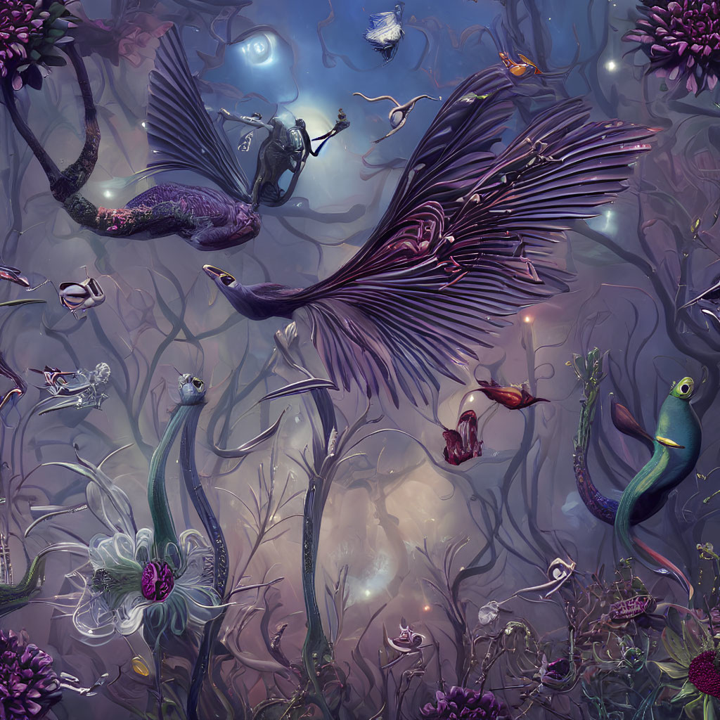 Vibrant bird species in lush, purple-hued flora under mystical light