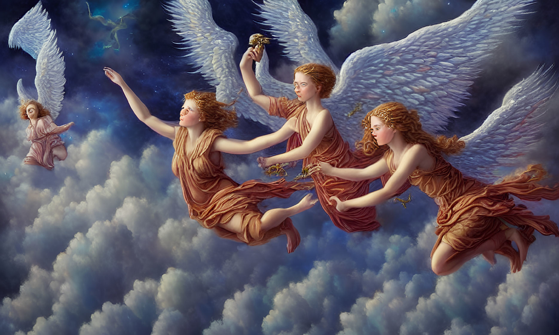 Angels with white wings in golden-brown robes flying through cloudy sky