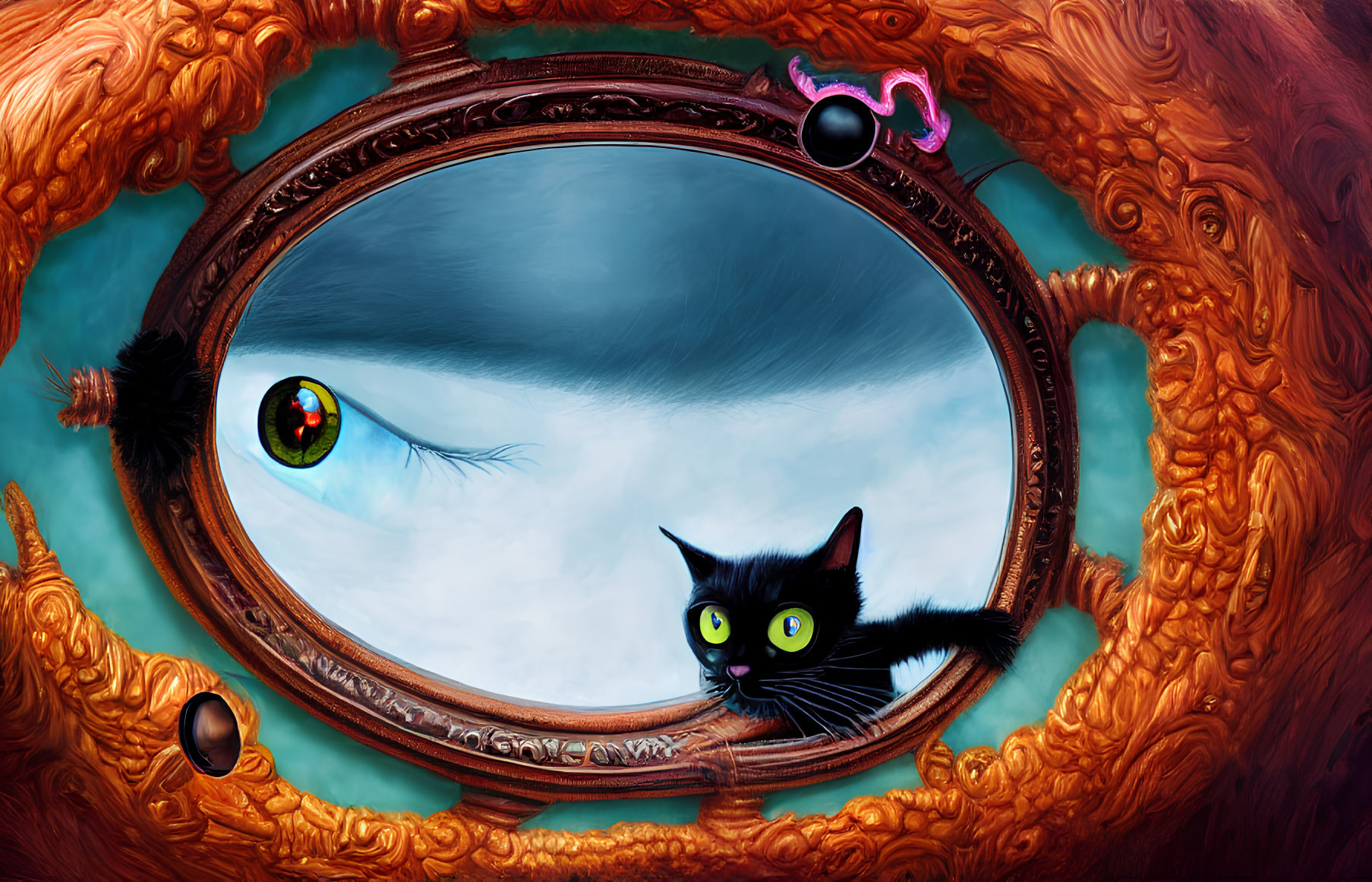 Colorful Cat Illustration with Green Eyes Behind Ornate Mirror