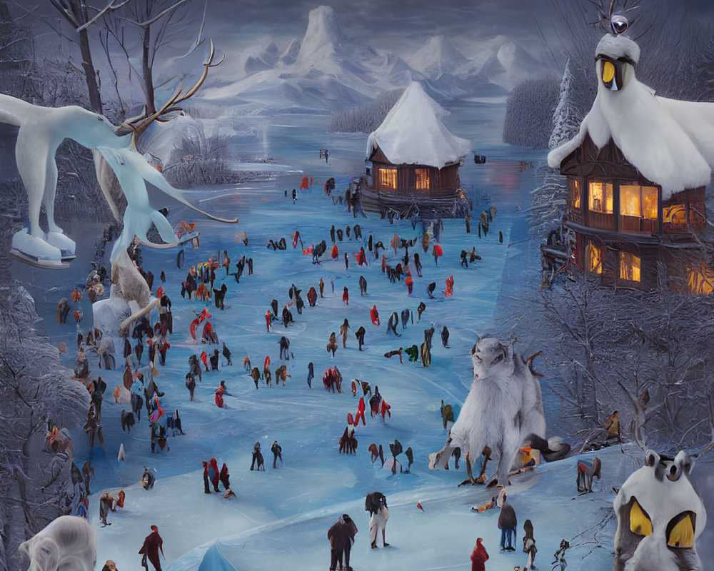 Winter ice skating scene with mythical creatures and cozy lit houses.