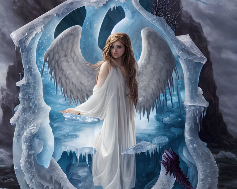 Winged figure in white gown in icy cavern with spread wings and solemn expression