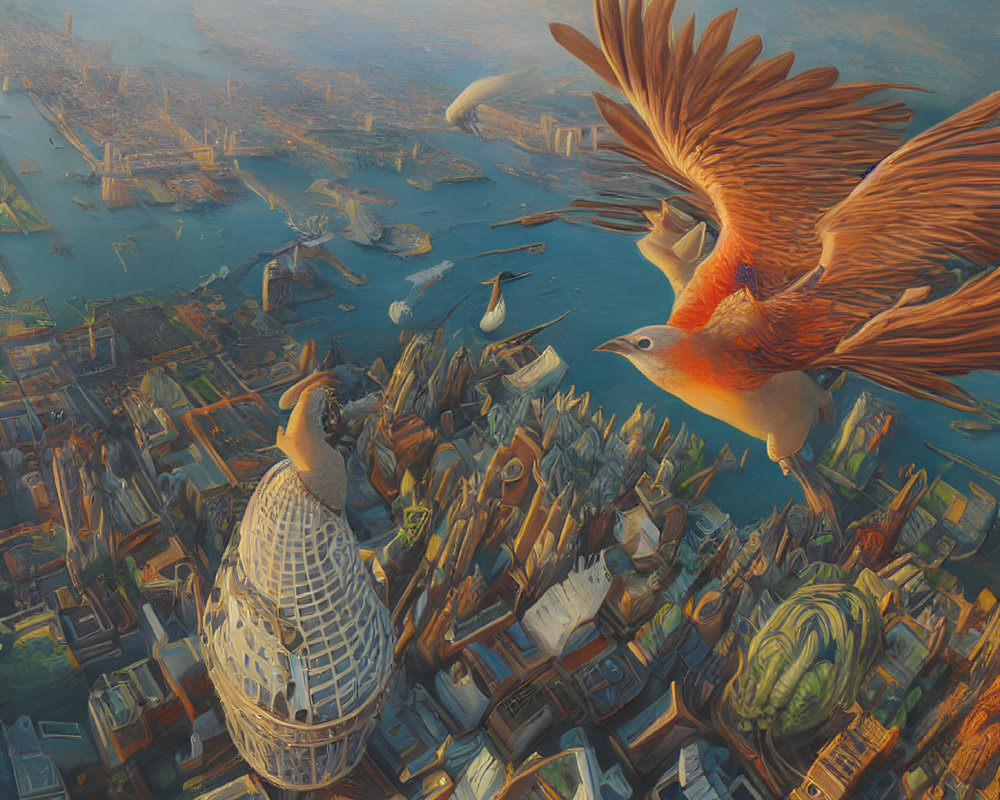 Vibrant orange bird flying over detailed cityscape at sunset