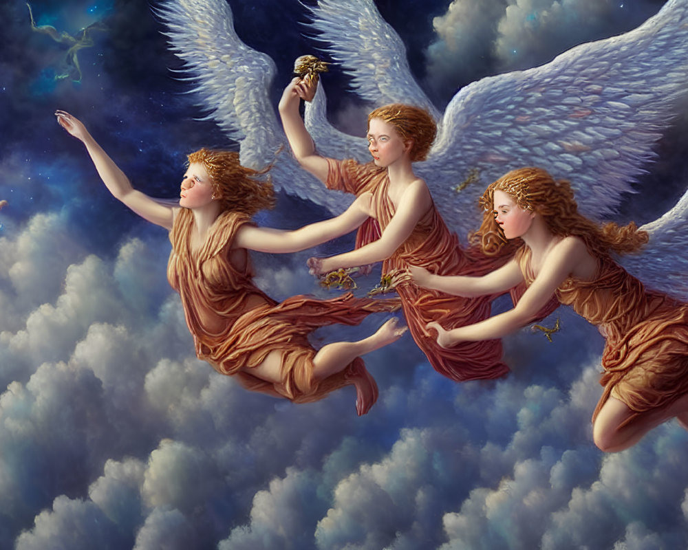 Angels with white wings in golden-brown robes flying through cloudy sky