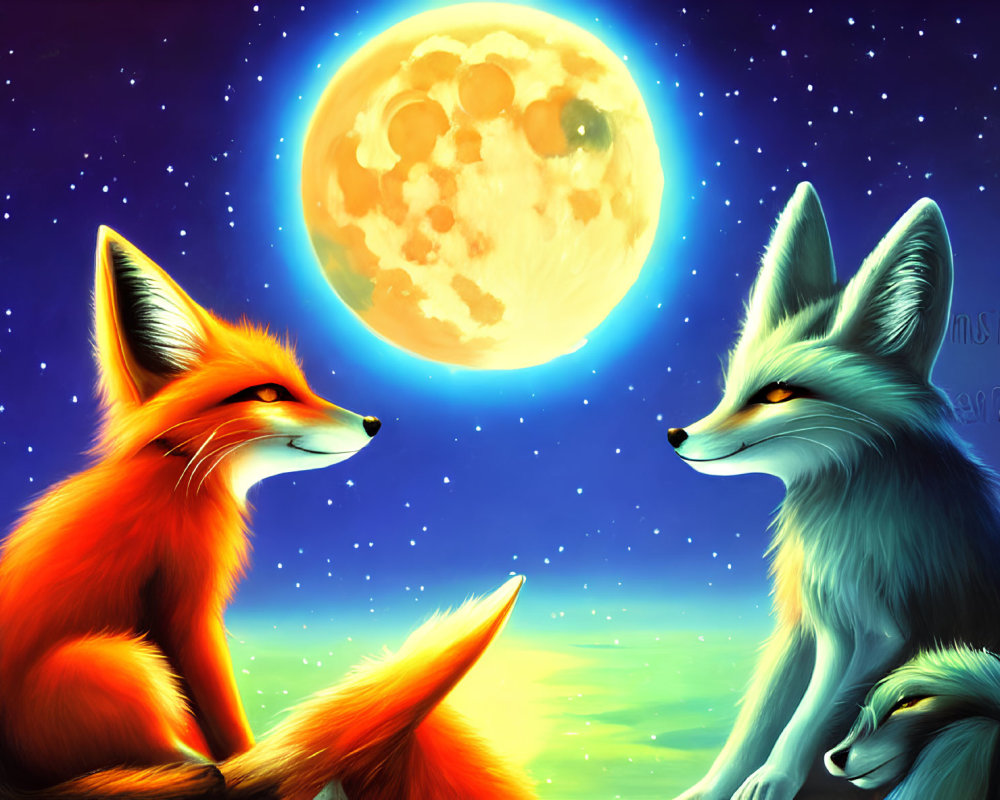 Stylized foxes under a full moon in vibrant colors