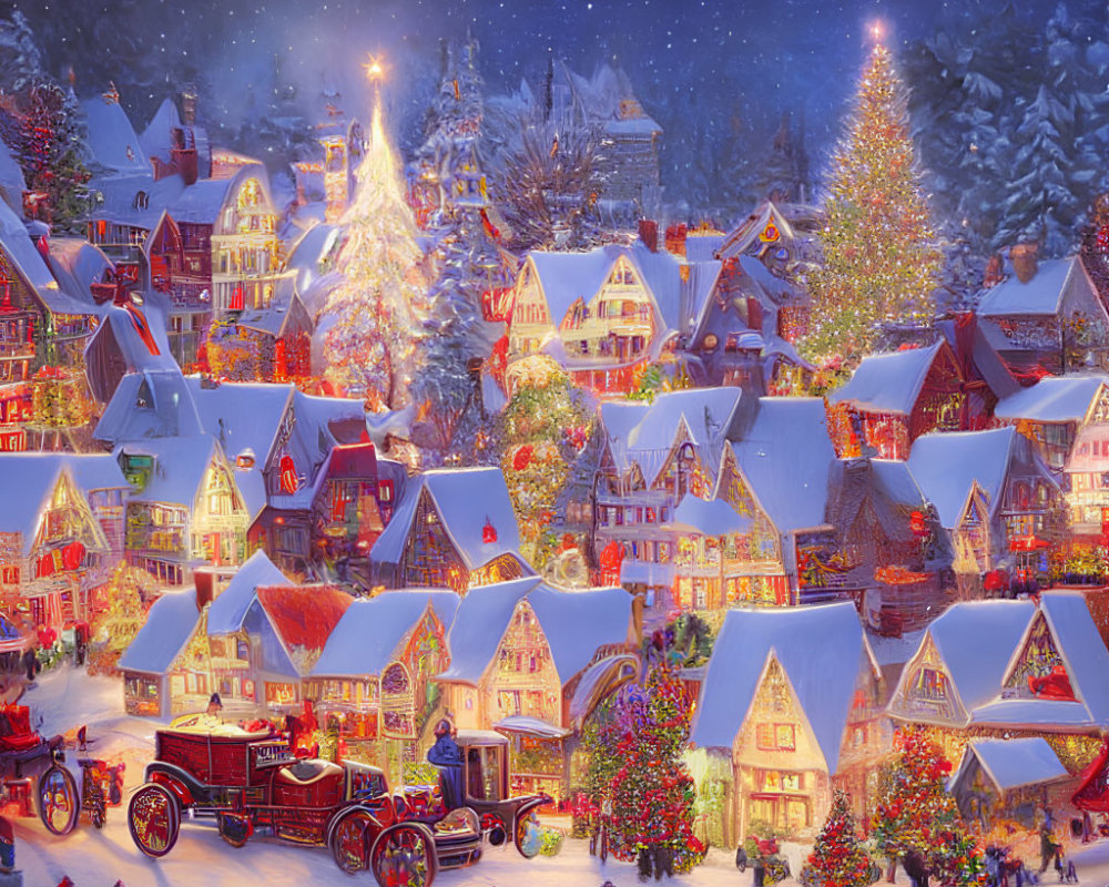 Snow-covered holiday village with Christmas decorations, horse-drawn carriage, and festive lights