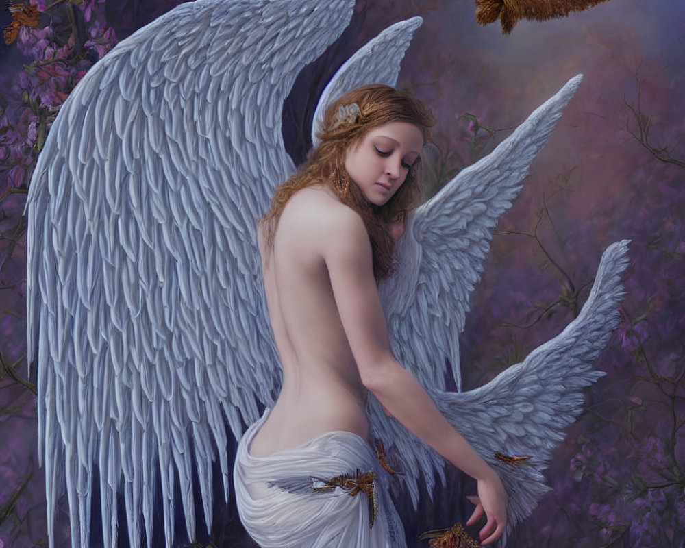 Serene angel with white wings in purple setting, bird flying towards her