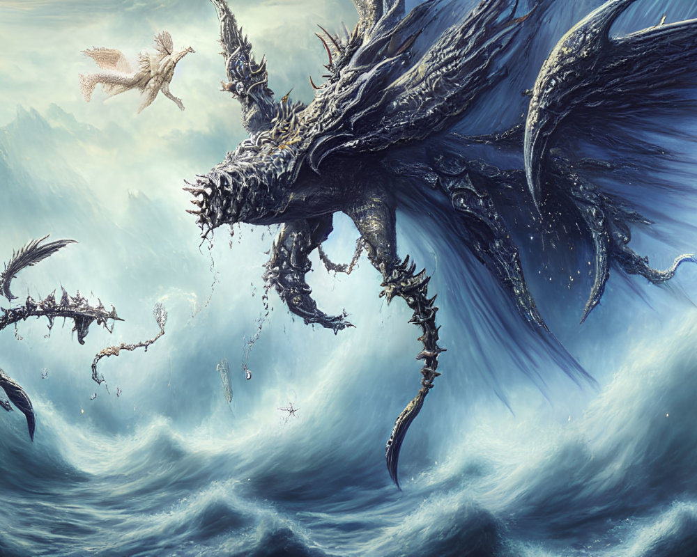 Black dragon with wings confronts creatures in fantasy seascape