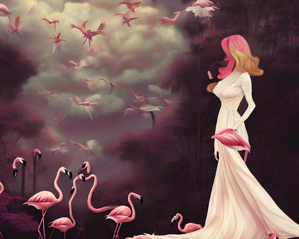 Woman in white dress blending with flamingos in dusky sky