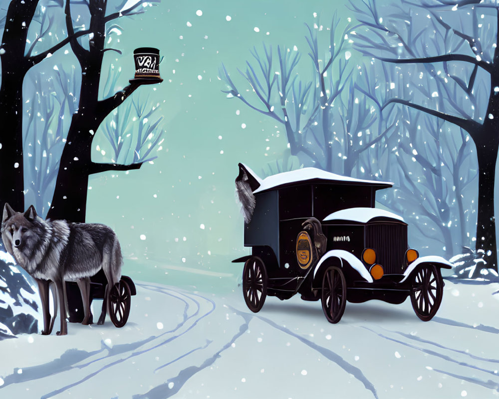 Vintage Black Car with Gold Detailing in Winter Forest Scene