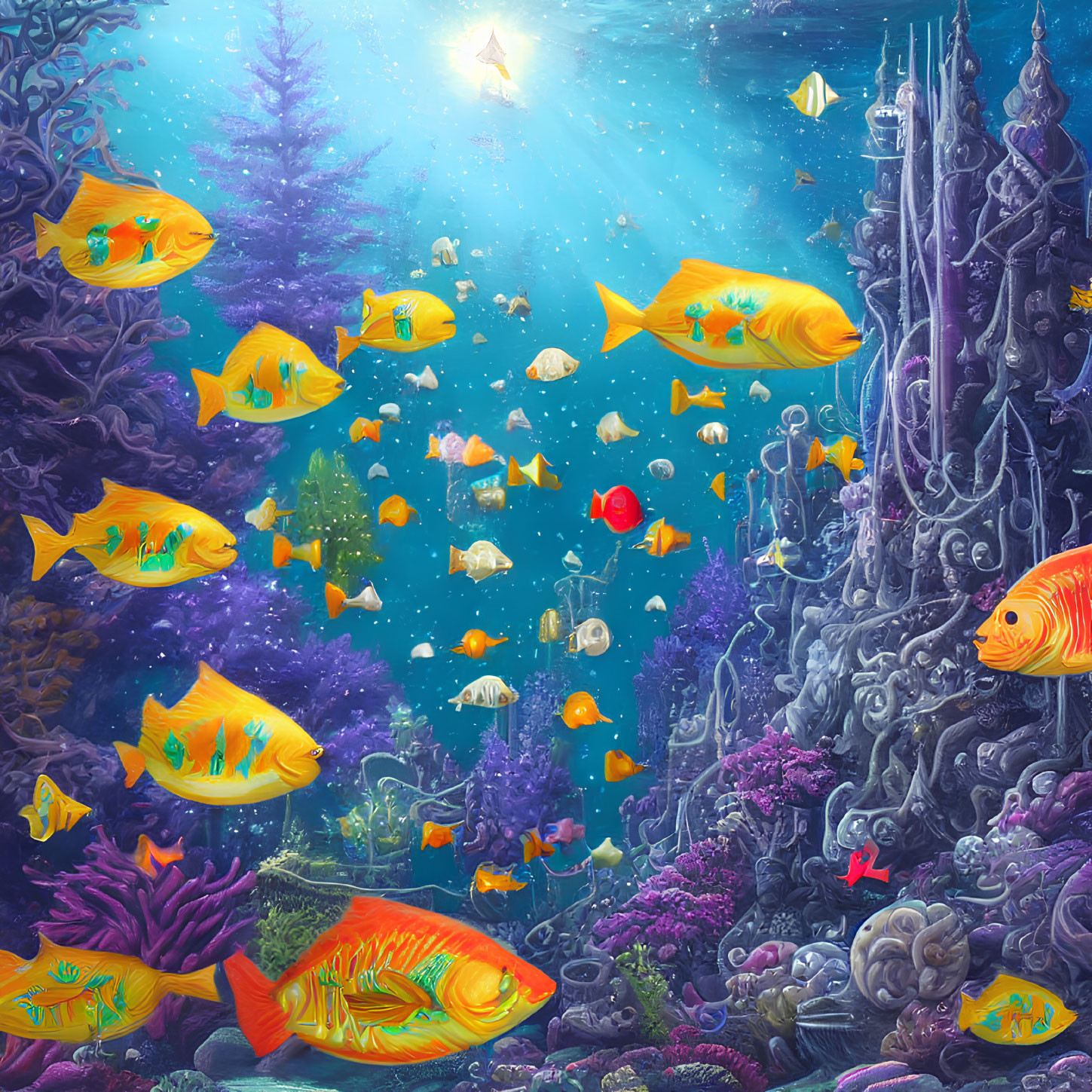 Colorful underwater scene with orange fish, jellyfish, coral, and sunken structure