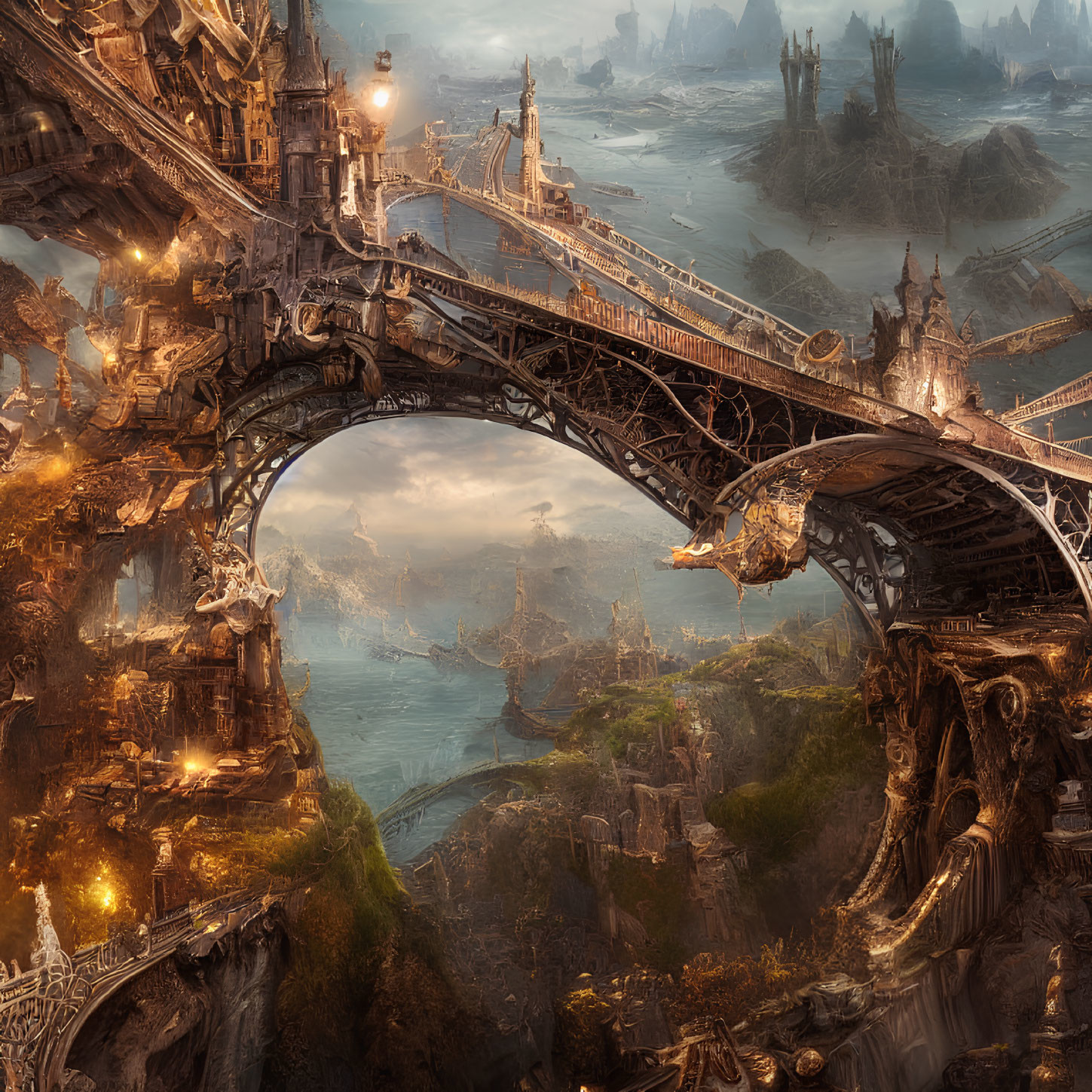 Intricate fantasy cityscape with ornate bridges and castle