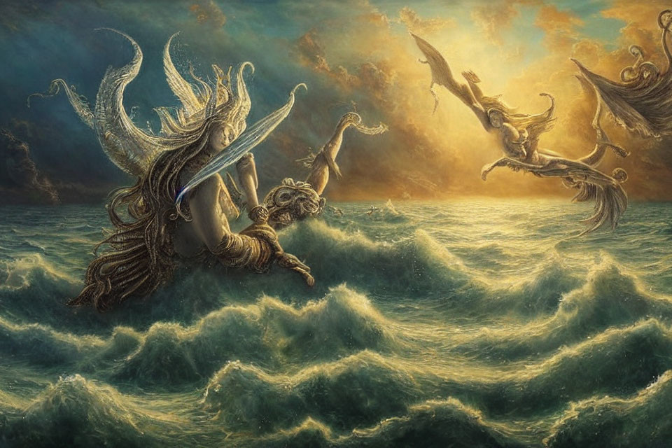 Mythological scene with winged beings over stormy seas