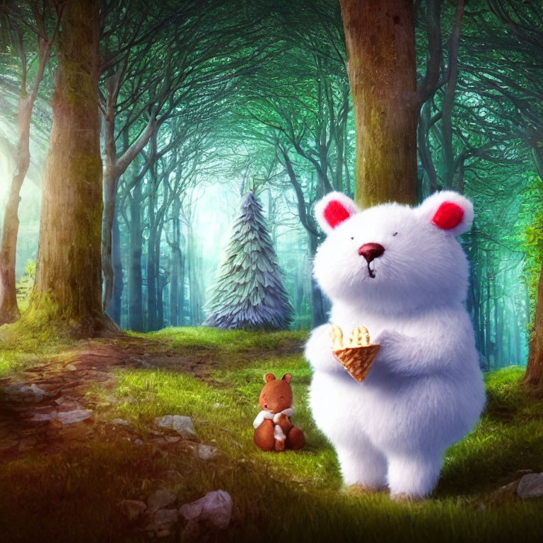 White Plush Bear with Ice Cream in Sunlit Forest