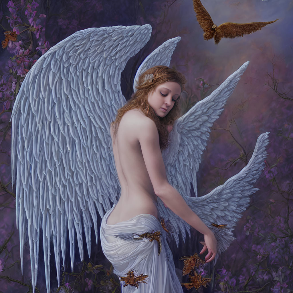 Serene angel with white wings in purple setting, bird flying towards her