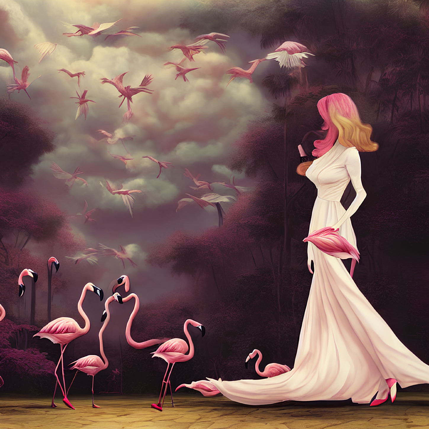 Woman in white dress blending with flamingos in dusky sky