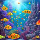 Colorful underwater scene with orange fish, jellyfish, coral, and sunken structure