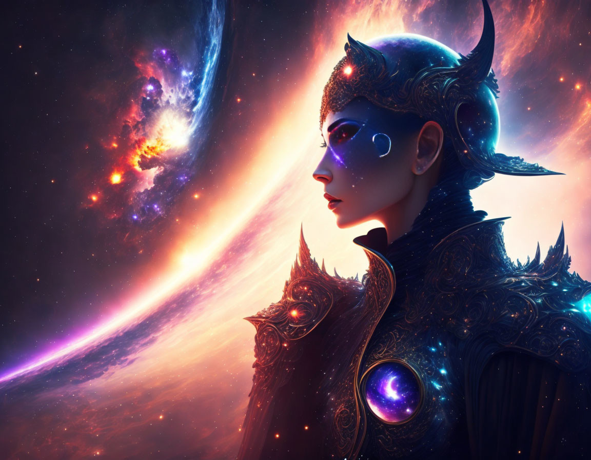 Cosmic fantasy figure with ornate helmet gazes at vibrant space nebula