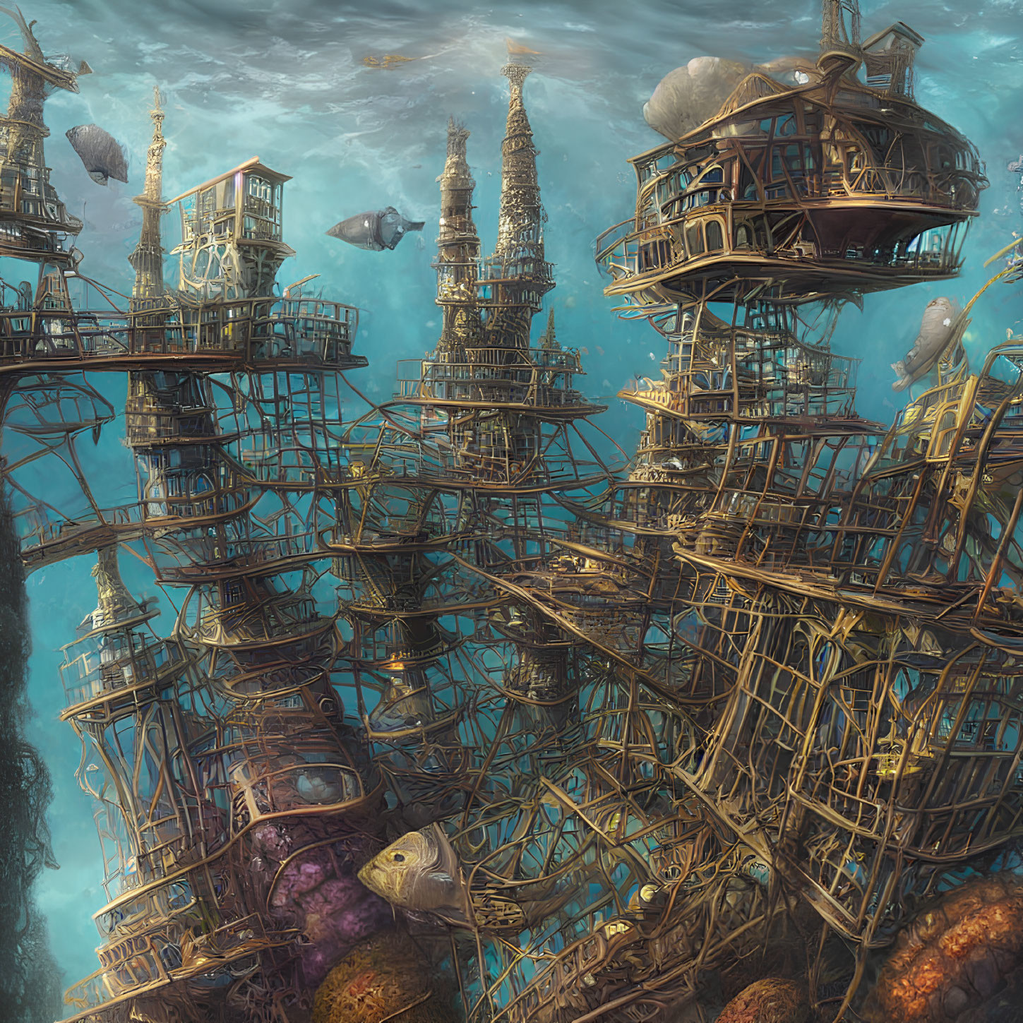 Intricate Underwater City with Elaborate Towers and Golden Light