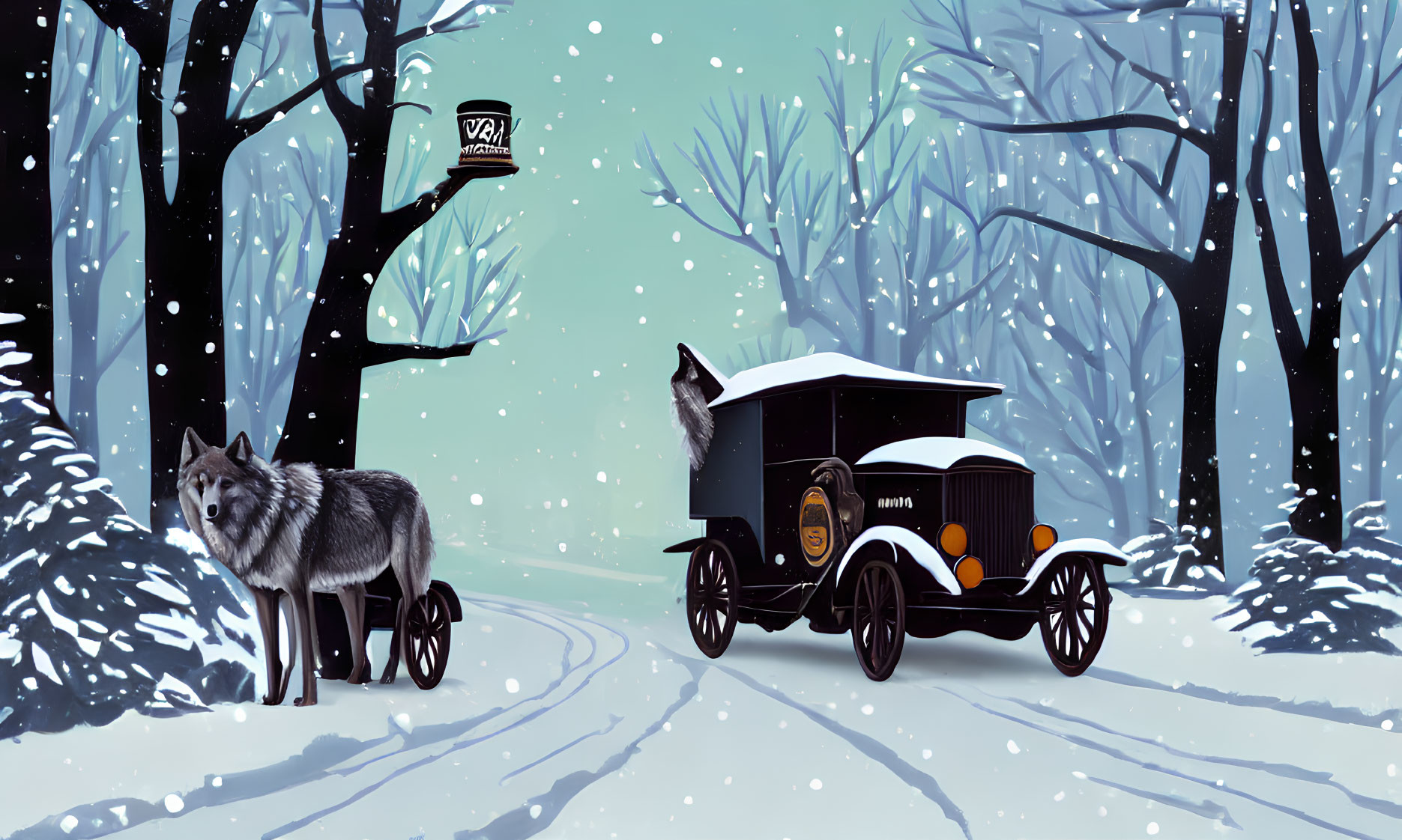 Vintage Black Car with Gold Detailing in Winter Forest Scene