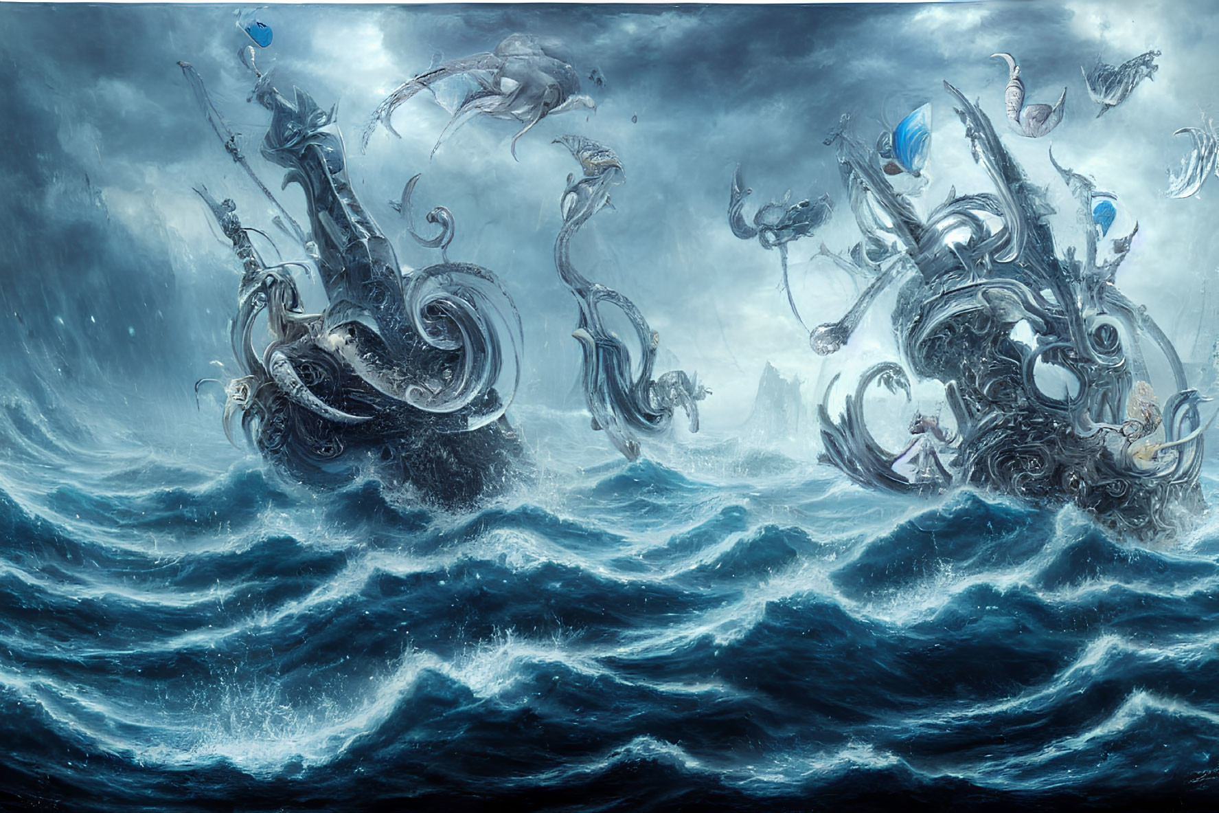 Ancient mythological sea vessels in battle amidst turbulent ocean waves