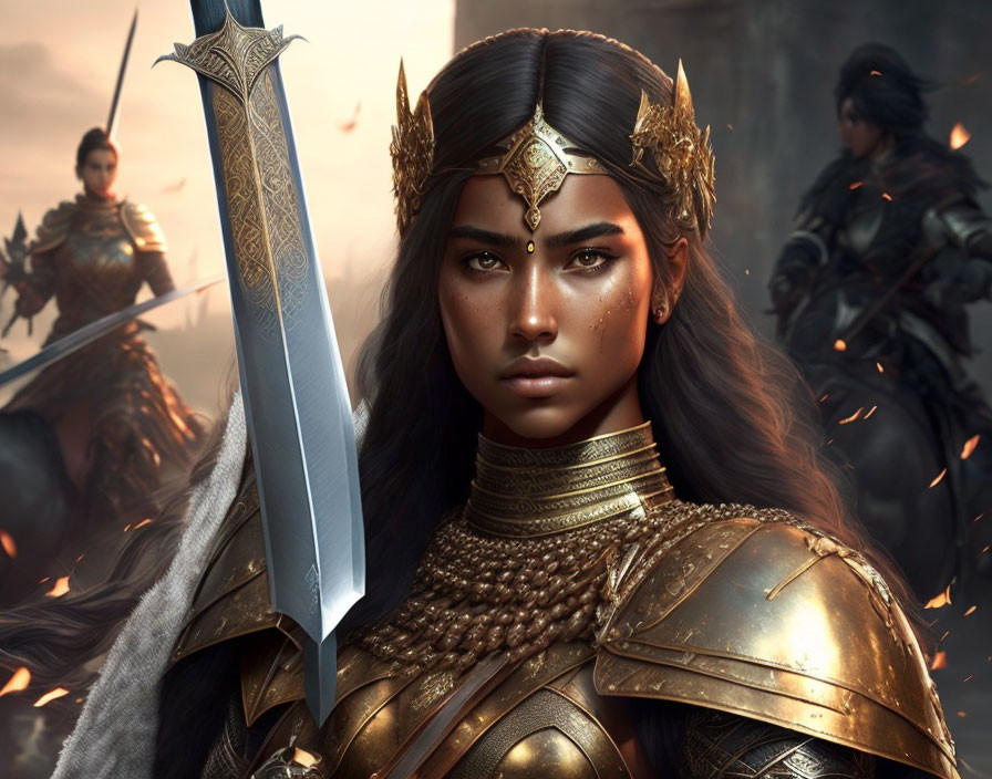 Warrior woman in golden armor with sword on battlefield