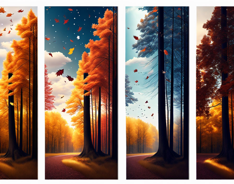 Scenic forest path transitions day to night and autumn to winter in four panels