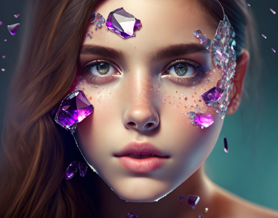 Digitally altered image of young woman with blue eyes and purple crystals.