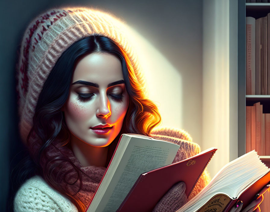 Woman in warm hat and sweater reading book by window with shelves of books