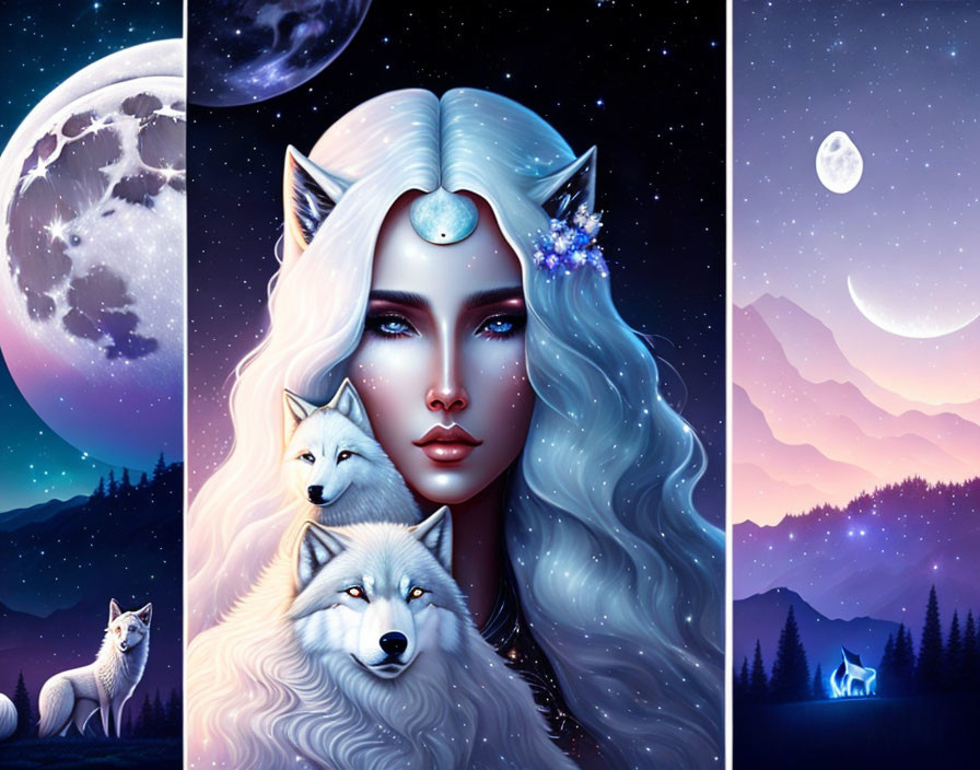 Mystical woman with wolves in lunar cosmic setting