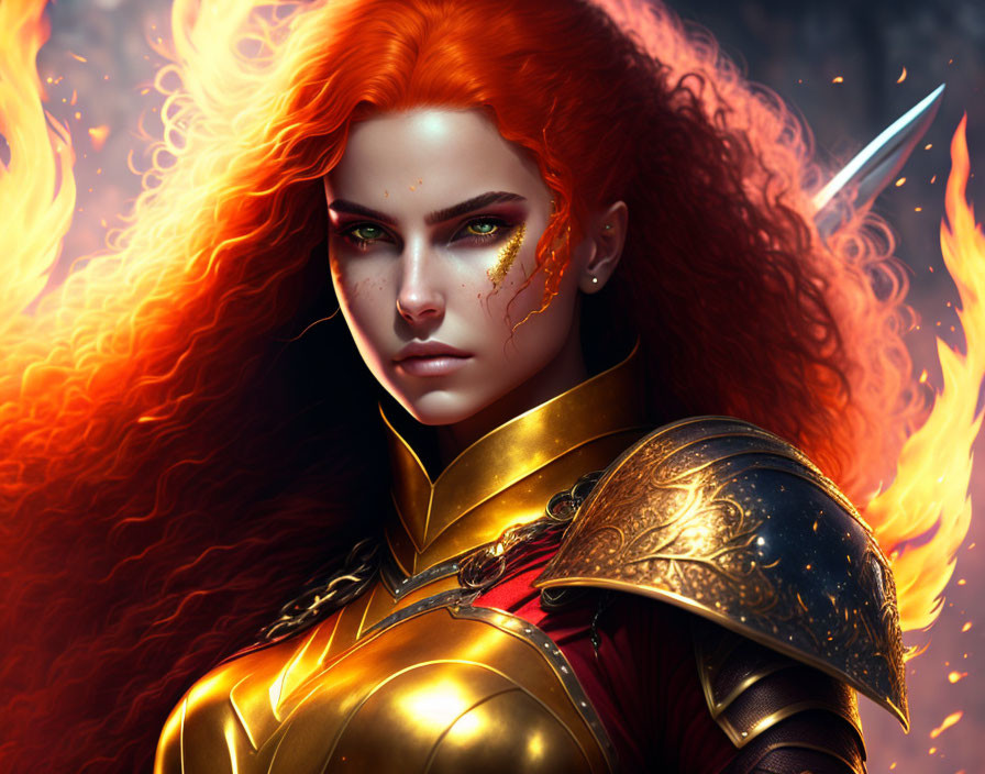 Fiery-haired warrior in golden armor with glowing sword