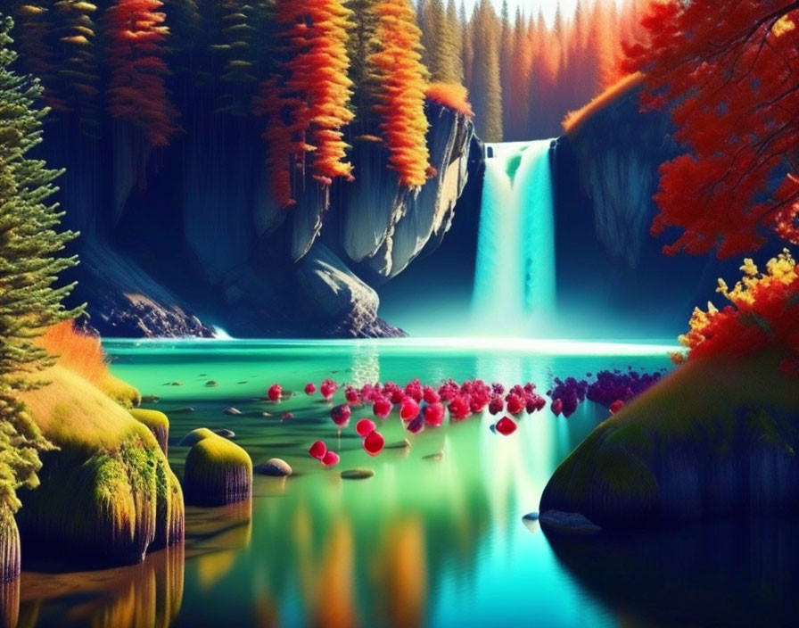 Colorful autumn scene: waterfall, lake, trees, rocks under blue glow