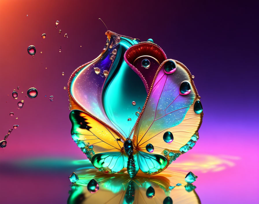 Colorful Butterfly Artwork with Water Droplets on Wings